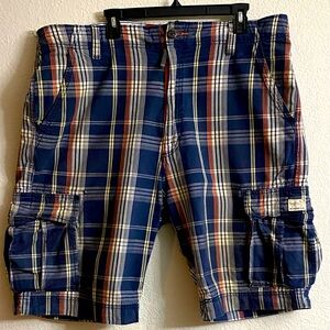 Levi's Cargo Shorts Mens 40 Blue Orange Plaid Windowpane Hiking Fishing Camping